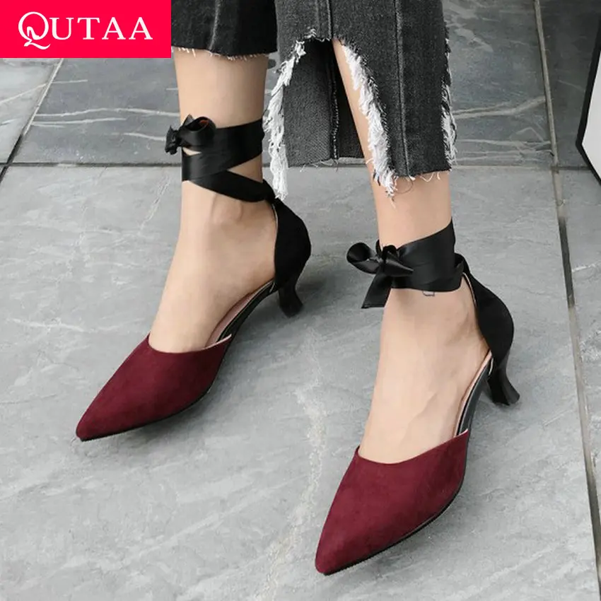 

QUTAA 2019 Women Pumps Thin High Heel Fashion Pointed Toe Slip on Butterfly-Knot tied Shallow Single Shoes All Match Size 34-43