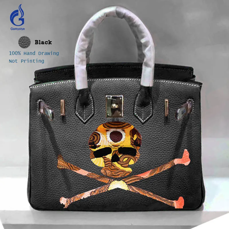 

Gamystye Custom painting graffiti Genuine Leather Handbags Luxury Designer Yellow Skull pattern Women Casual Art Design Bags