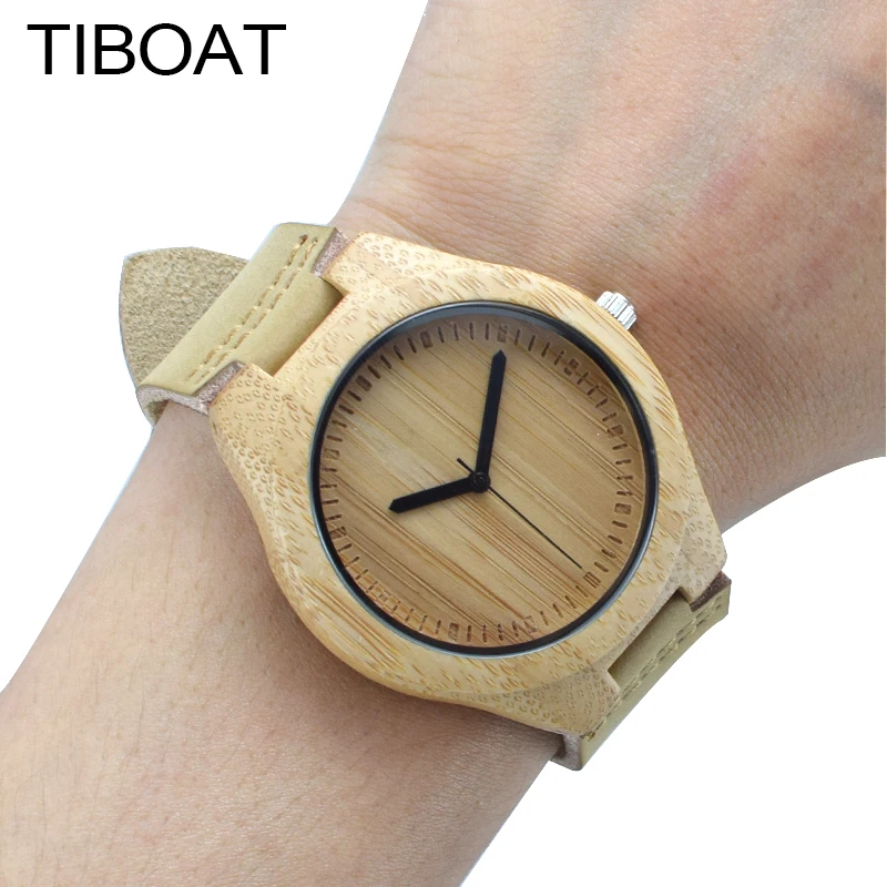 Tiboat роскошные деревянные часы ручной работы Bamboo Деревянный аналоговые кварцевые