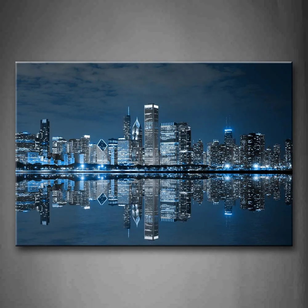 

Framed Wall Art Pictures Blue Buildings Chicago Canvas Print City Posters With Wooden Frames For Home Living Room Decor