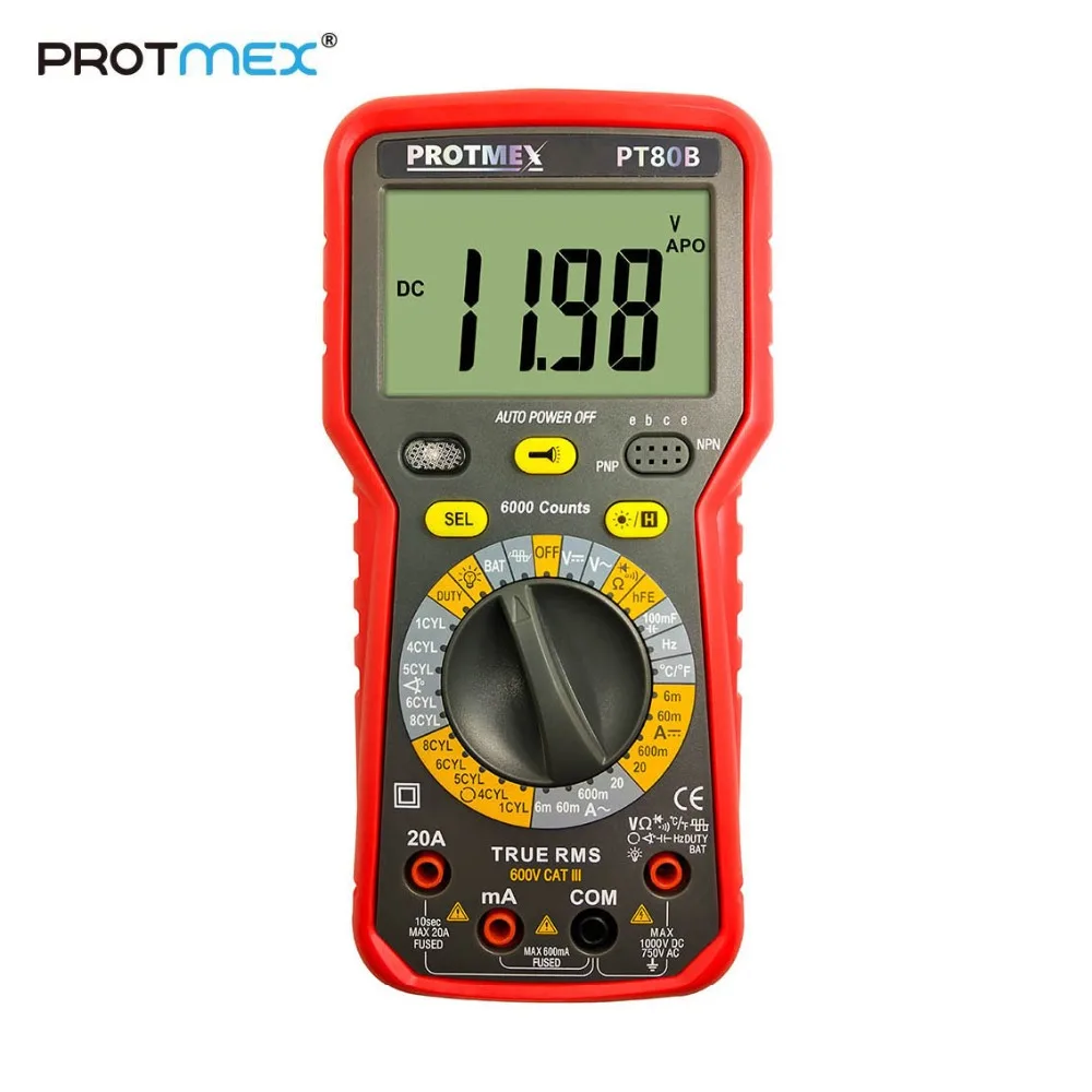 

Protmex PT80B/80E 6000 Counts Digital Auto/Manual Automotive Multimeter DC/AC Voltage, Current,, Resistance, Capacitance Tester