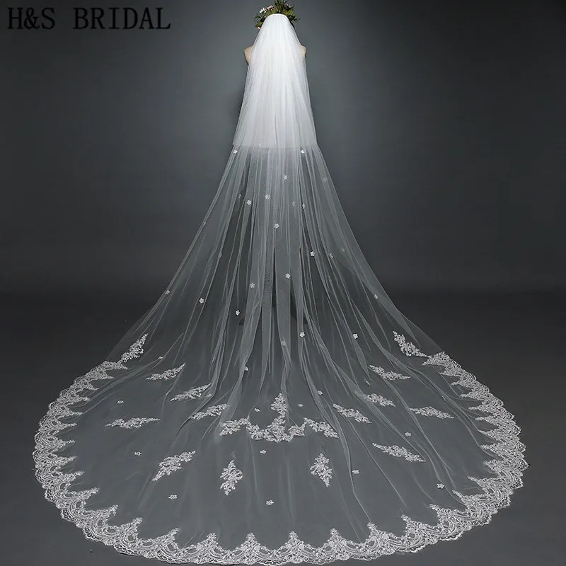

H&S BRIDAL Veil Luxurious Lace Flower Wedding Veil 3M Long Tail Appliques Romantic Sweet Bridal Veils Wedding Accessories