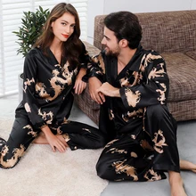 Pyjama en Satin de soie pour Couple, ensemble 2 pièces, vêtements de nuit, manches longues, pour femmes et hommes