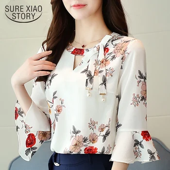 

2019 fashion chiffon Women Blouses shirt flare Sleeve print white women's clothing sweet bow V neck women tops Blusas D278 30