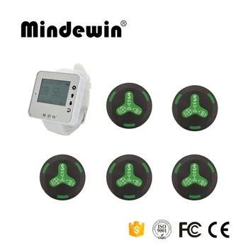 

Mindewin 433MHz Restaurant Wireless Calling Paging System 1pc Wrist Watch Receiver Host +5pcs Black Call Transmitter Button