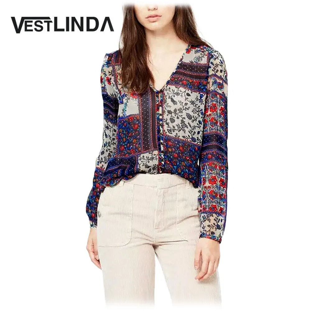 Spring Women Elegant Casual Blouse Old Classical Style V-Neck Floral Print Long Sleeve Vintage Shirt Basic Top Female |