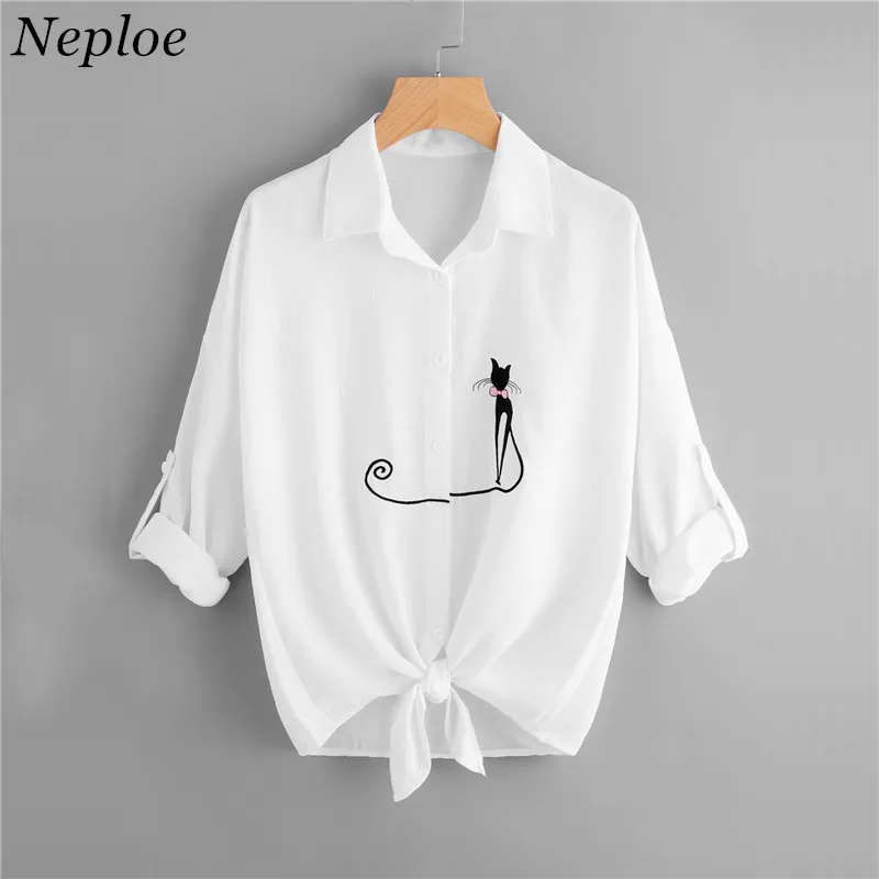 

Neploe 2018 Spring New Cat Embroidery Bow Tie Hem Long-Sleeve Shirt Solid Wild Women Temperament Turn Down Collar Blouse 66410