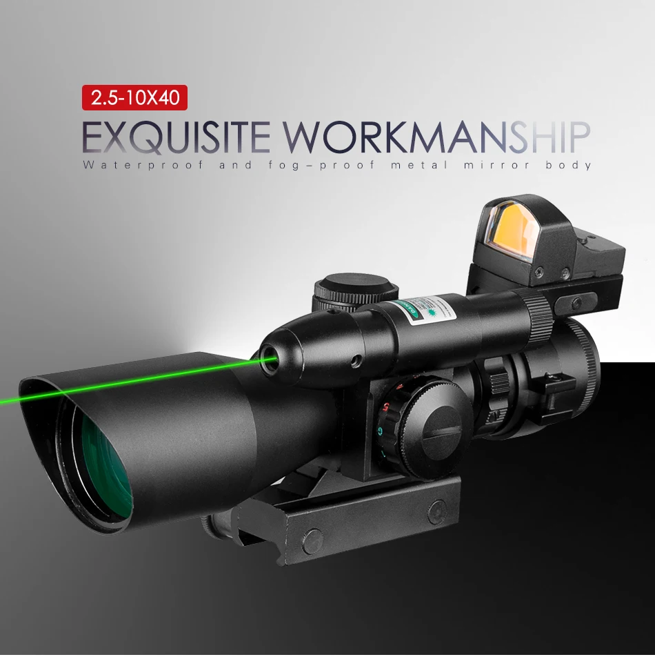 Vista + Holográfica Tactical Rifle Scope Laser Verde Iluminado Airsoft Riflescope Red Dot Sight Terno Combinação 2.5-10x40 7 Lunetas Riflescopes