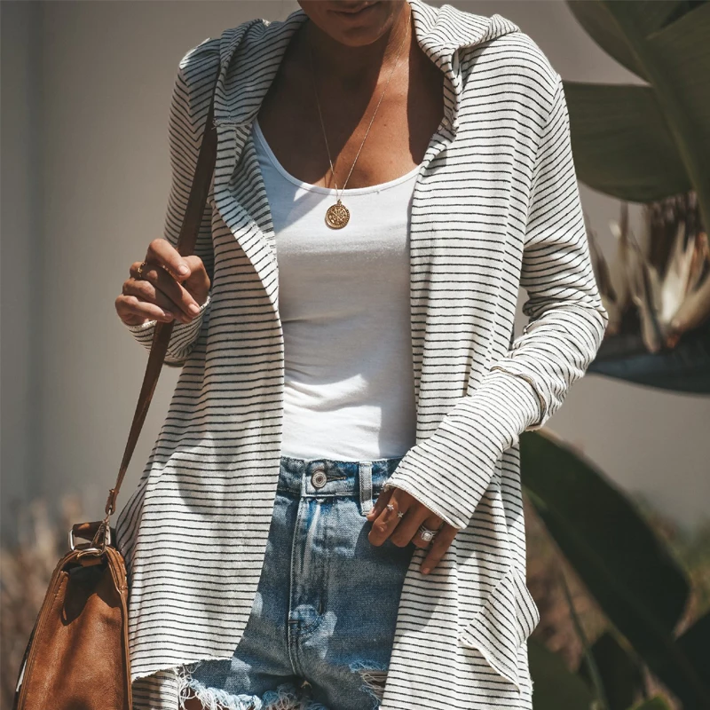 Womens Striped Cardigans Long Sleeved Asymmetric Cardigan Fashion Korean Style Overcoat Casual Hooded Women Outwear |