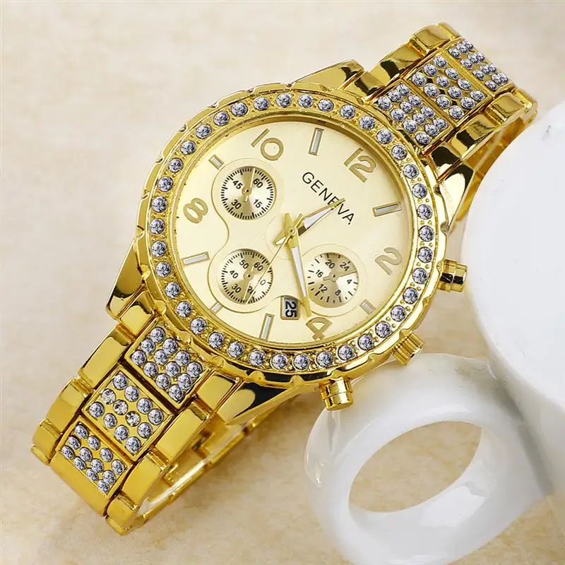 

Women Luxury GENEVA Diamond Watch Rhinestone Stainless Steel Quartz Wristwatch Ladies Military Sport Date Gold Fashion Watches