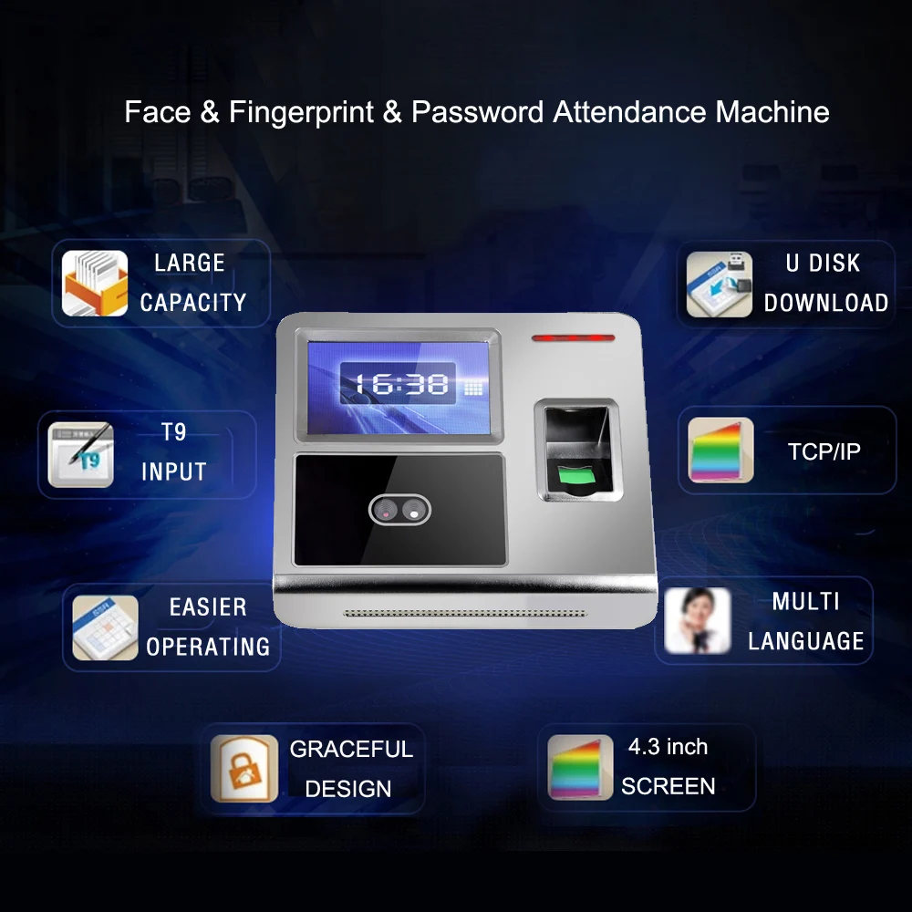 Отпечаток лица машина для регистрации паролей проверки в диктофон TCP/IP 4," HVGA экран распознавания лица часы посещаемости