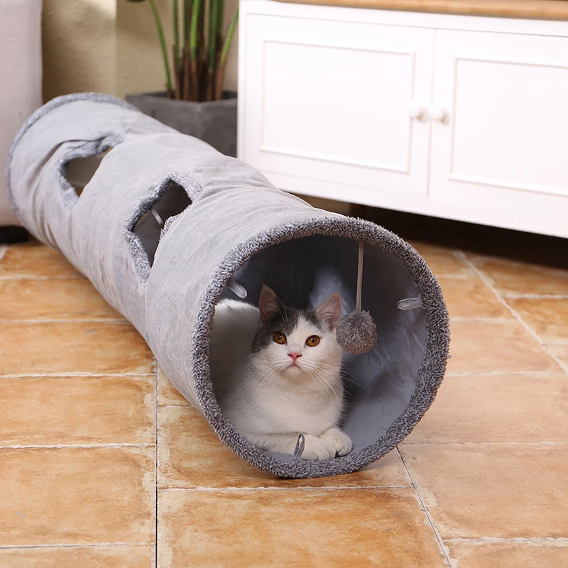 Складной туннель для кошек, котенок, играющий в скрытую трубу с шариком для больших кошек, собак, кроликов, забавные игрушки для кошек, замша, 2 отверстия, туннельные игрушки для домашних животных