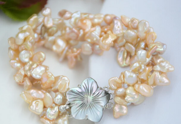 

huij 001236 4row 8" pink lamina BAROQUE KESHI REBORN PEARL bracelet