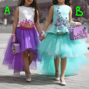 

Colorful Two Pieces Girls Pageant Gowns 3D Floral Applique Tulle vestido de daminha Puffy Skirt Flower Girl Dresses For Wedding
