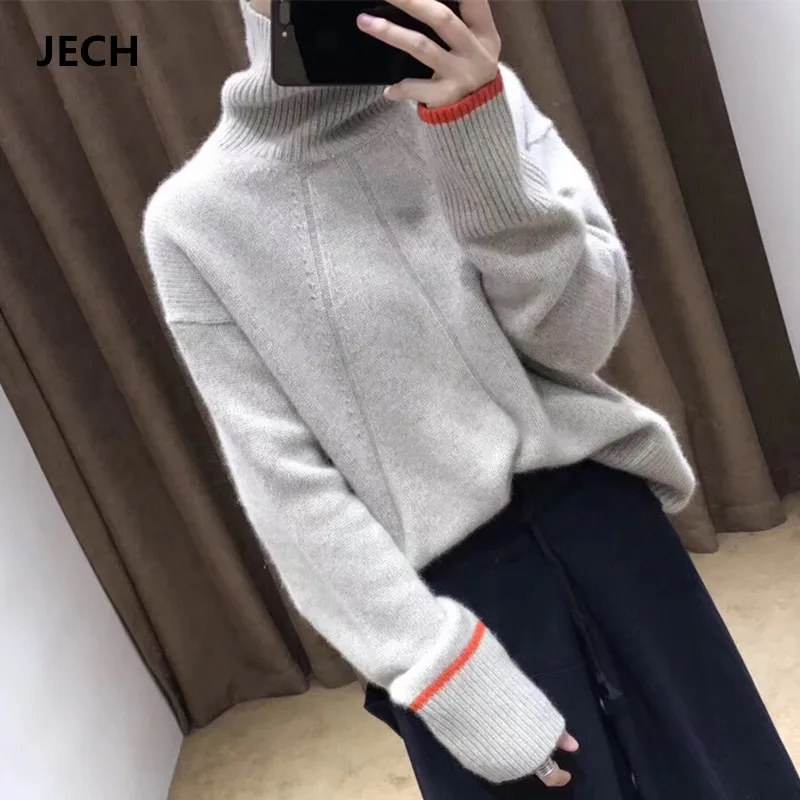 

Winter Turtleneck Cashmere Wool Sweaters JECH Autumn New Casual Loose Women Solid Long Sleeve Cuff Pullovers Jumper Knitted Plus