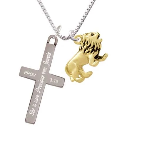 Gold Tone 3-D Lion - She is More Precious - Cross Necklace (1)
