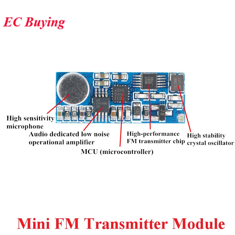 

Mini FM Wireless Microphone Transmitter Module Single Channel Board 3-5V 100mW Adjustable Sensitivity USB to TTL 80KΩ 76-108MHz