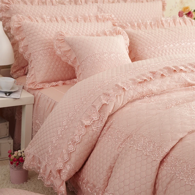 Кружевной комплект постельного белья принцессы, размер King queen, 4 шт., розовый/бежевый плотный пододеяльник для девочек, постельное белье, простыня, наволочка, хлопок