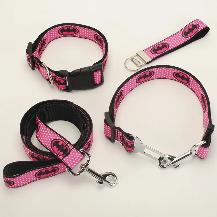 

New single sell Dog Leash, Dog Collar, Safety Belt,Key Fob ,1 inch hot pink batman pattern printed ribbon