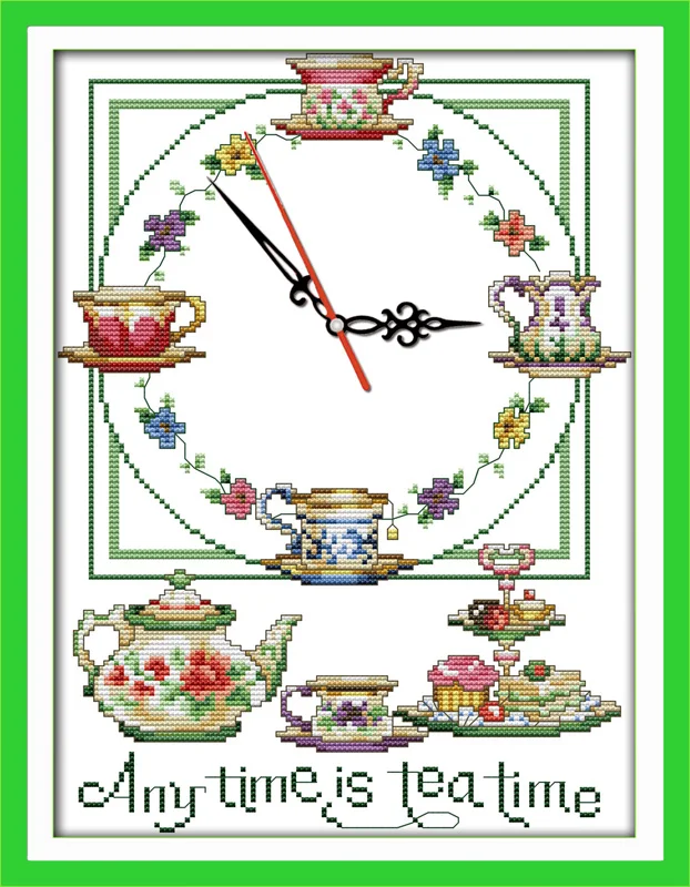 Anytime is tea time cross stitch kit 14ct 11ct count print canvas wall clock stitching embroidery DIY handmade needlework