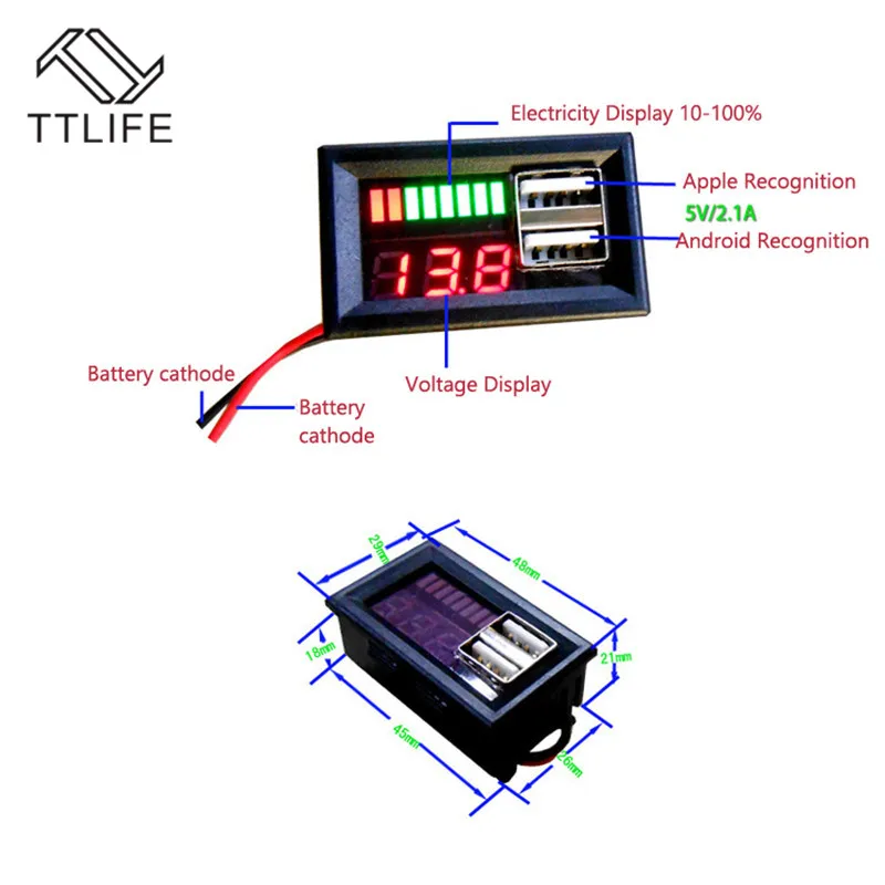 Многофункциональный 12 В светодиодный индикатор емкости свинцово-кислотной батареи измеритель напряжения автомобиля мощность напряжение Displayer Dual USB зарядное устройство 5 В 2A