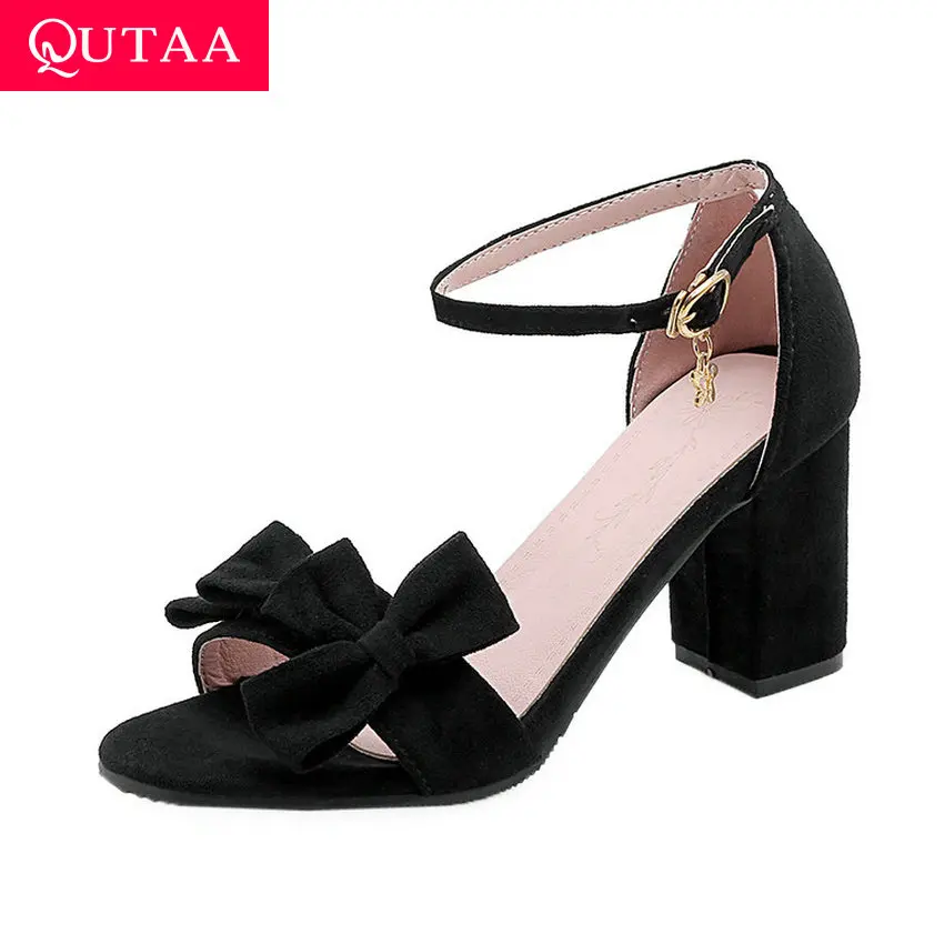 

QUTAA 2020 Women Sandals Fashion Sweet Butterfly-Knot Open-toed All Match Square High Heel Buckle Summer Ladies Shoes Size 34-43