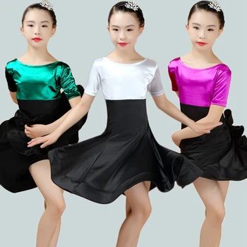 

Latin Dance Dress For Girls Short Sleeve Bright Satin Competition Dancewear Children Ballroom Dancing Dresses For Kids DN2220