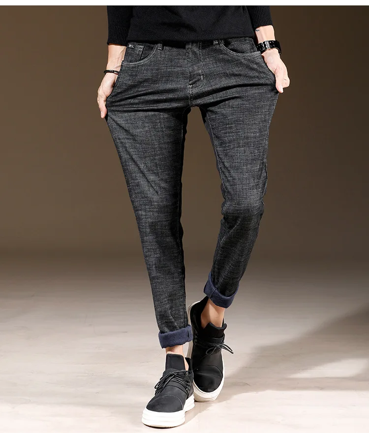 High Quality Winter Warm Jeans Mens Thick Elasticity Skinny Black Jeans Stretch Denim Jeans Straight Fit Pants Trousers Male