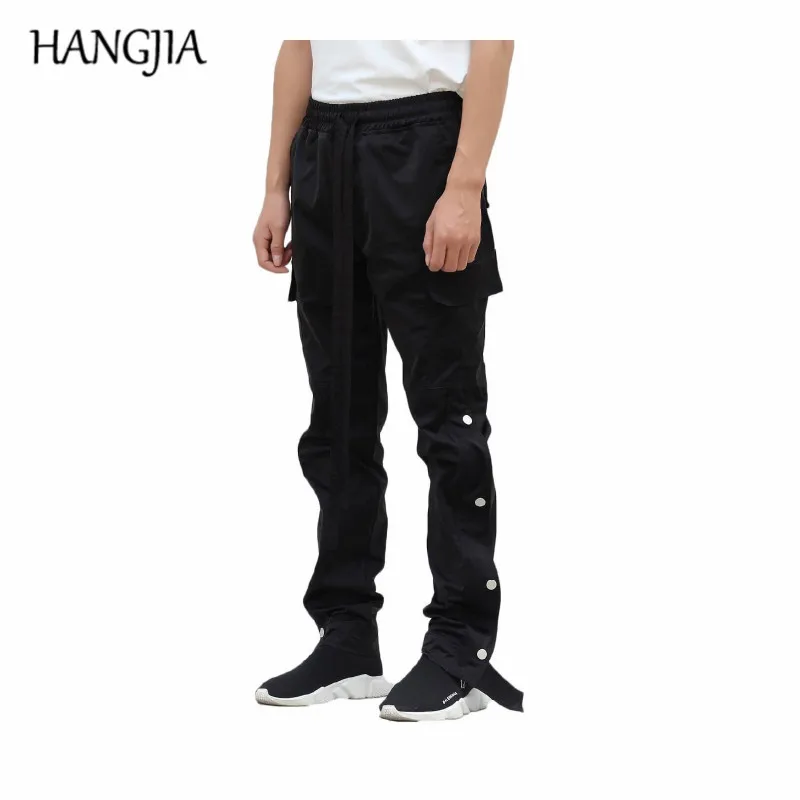 

Black Cargo Pants Men's Urban Hip Hop Streetwear Long Straps Joggers Buttons Split Velcro Sweat Pants European American