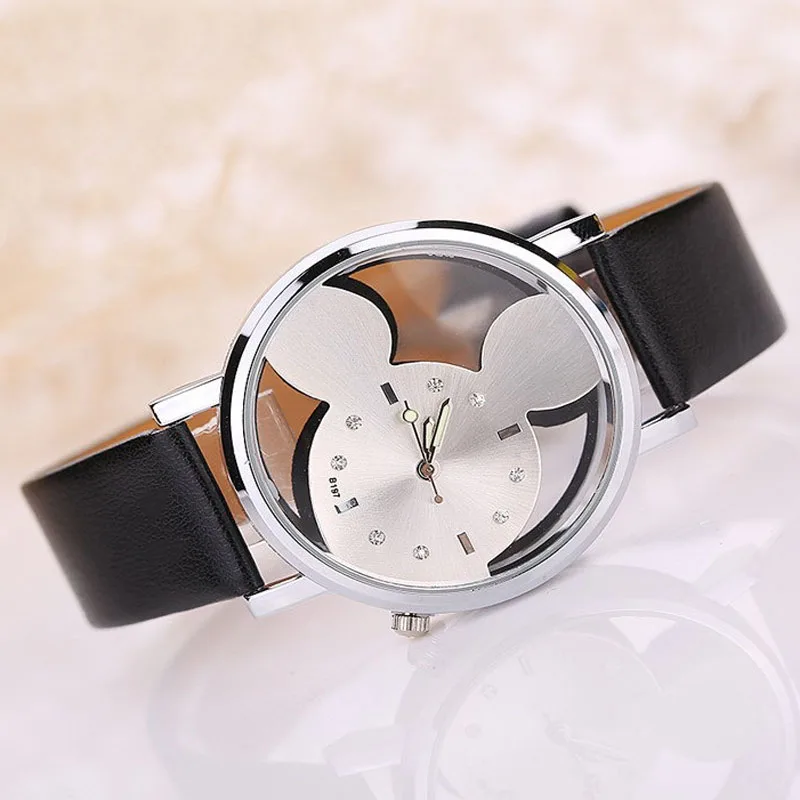 

Fashion Mickey Watches Kids Watches Casual Women Watches Leather Strap Quartz Wristwatch Hollow Transparent Watch Dames Horloge