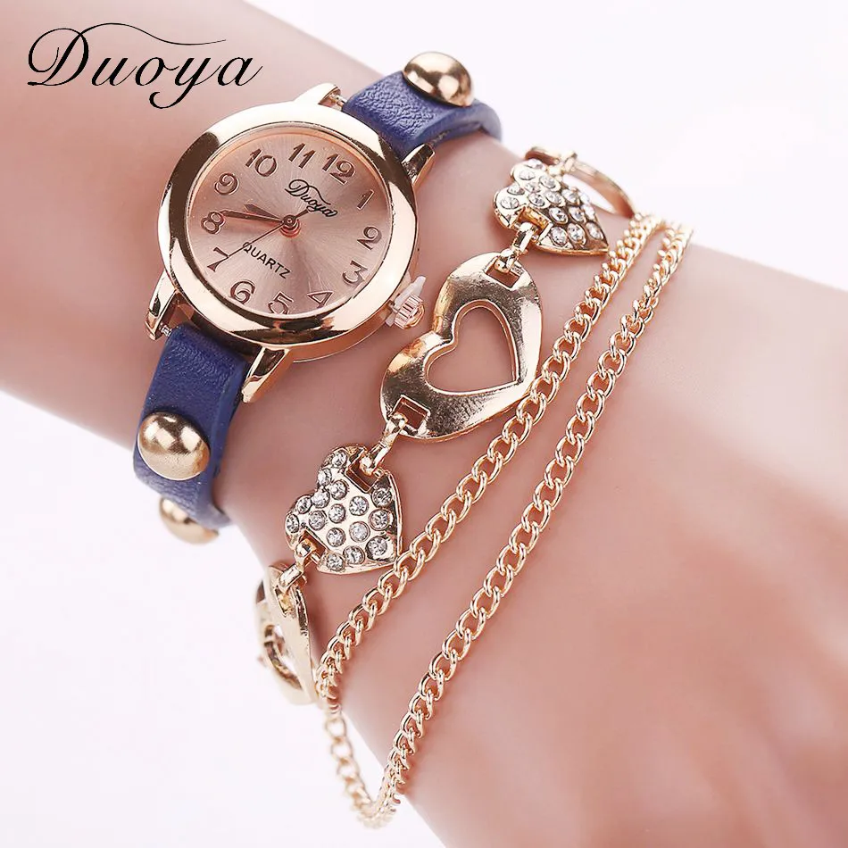 Brand New Duoya Watches Women Brand Gold Heart Luxury Leather Wristwatches Women Dress Bracelet Chain Bracelet Watch July15