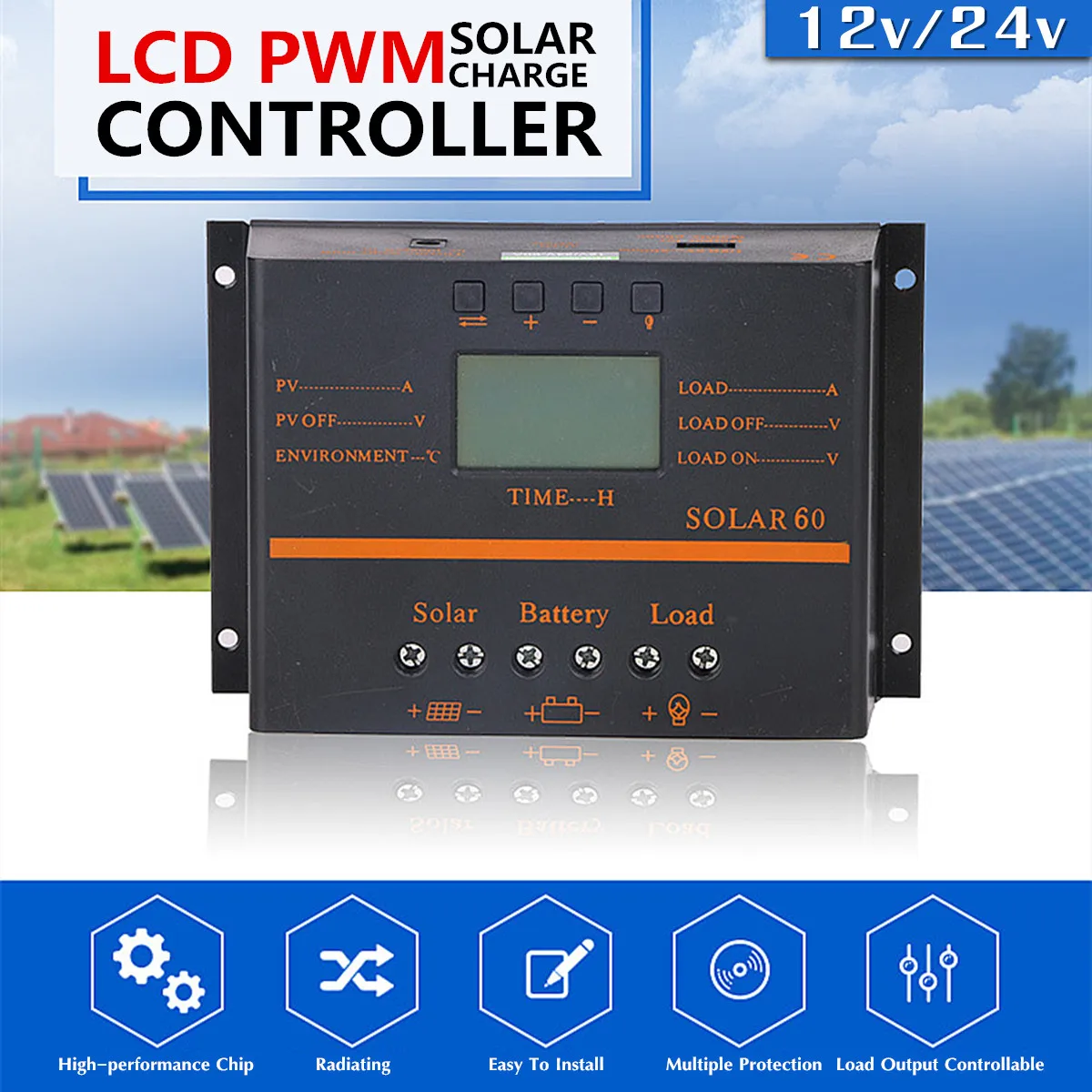 

Auto LCD Display PWM Solar Panel Charge Controller Battery 12V/24V Regulator USB 40A/50A/60A/80A Overload Protection Automatic