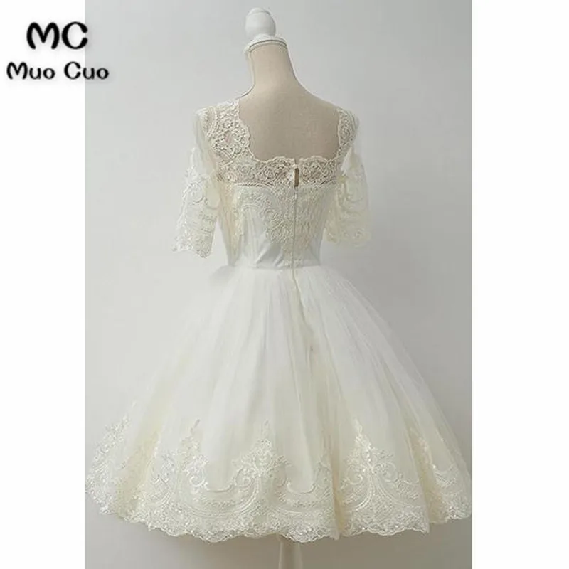 Elegant Square Half Sleeves White Ball Gown Homecoming Dress With Pearls Lace6