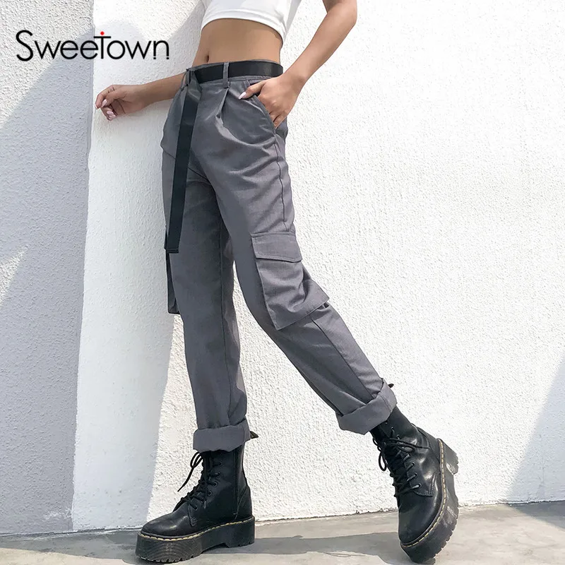 Acheter Sweetown gris bureau dame élégant taille haute pantalon droit Streetwear printemps automne veste pour homme vêtements de travail chic Long pantalon