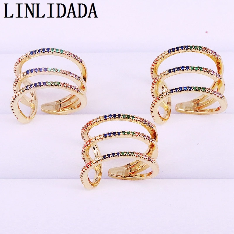 

8Pcs New fashion multi Rainbow cubic zirconia Colorful CZ line shape Finger Rings For Women Party Gold Jewelry