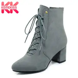 KemeKiss/размеры 34-48, женские ботильоны на высоком каблуке с перекрестными ремешками, зимняя обувь на молнии, женская теплая плюшевая меховая