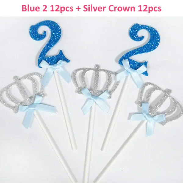 24 шт блеск номер 2 кекс Baby ребенок два года украшение для именинного торта Девочки Мальчики второй украшение для торта ко дню рождения - Цвет: Blue 2 Silver Crown