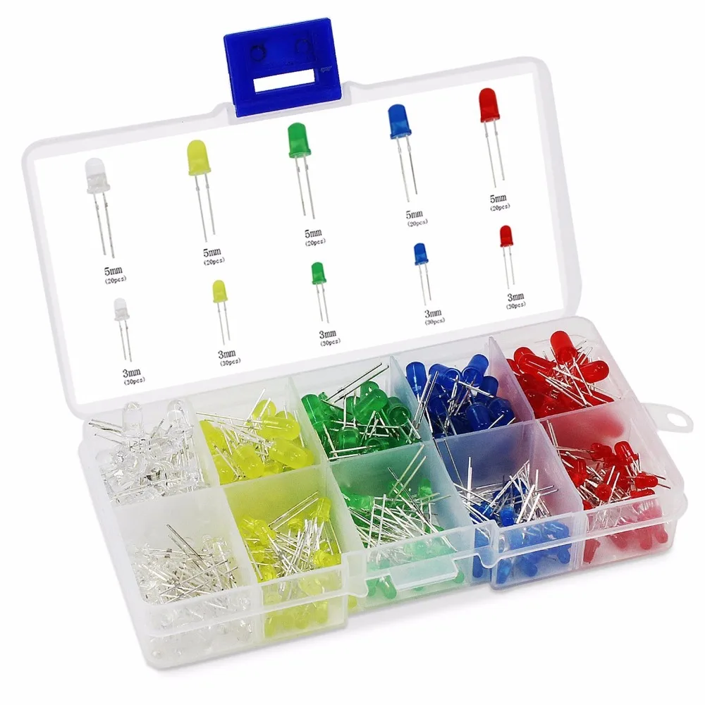

250Pcs/Lot 3MM 5MM Led Kit With Box Mixed Color Red Green Yellow Blue White Light Emitting Diode Assortment DIY Free Shipping