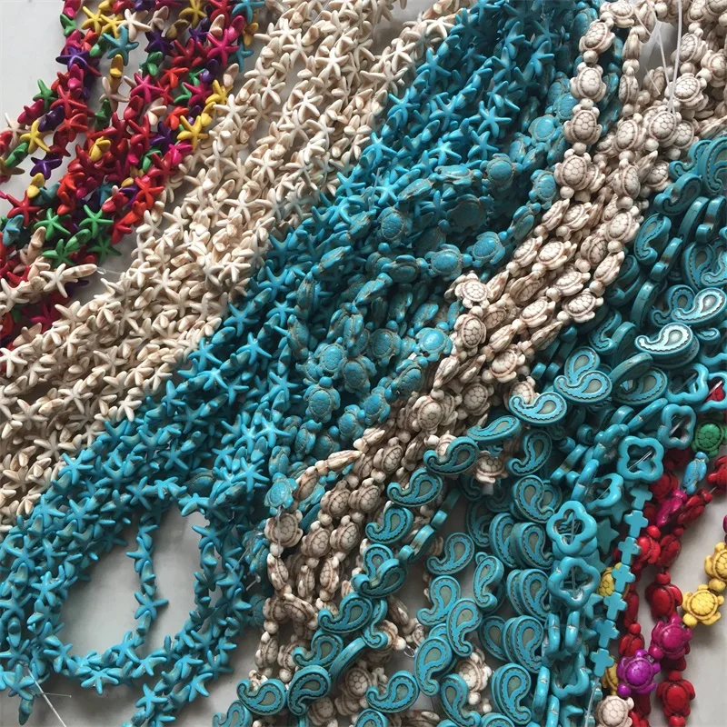 

Natural Stone White Howlite Blue Turquoises Colorful Round Cube Square Flower Star Sea Turtle Loose Beads 15" Strand For Jewelry