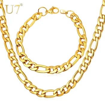 

U7 Men Jewelry Set Wholesale Black/Gold Color Stainless Steel 5MM Figaro Chain Necklace And Bracelet Set Gift Trendy S430
