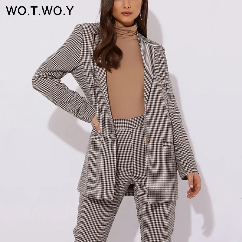WOTWOY Autumn Winter Plaid Blazer Women Double Breasted Pocket Office Ladies Suit Coat Vintage Elegant Jacket Outerwear Female WOTWOY Autumn Winter Plaid Blazer Women Double Breasted Pocket Office Ladies Suit Coat Vintage Elegant Jacket Outerwear Female