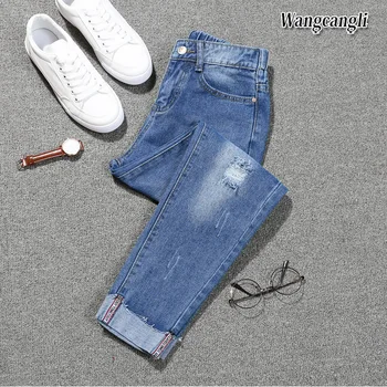 

Fashion plus size denim nine pants women 2019 spring and summer high waist hole 5XL Blue womens elastic feet Jeans pants 015#