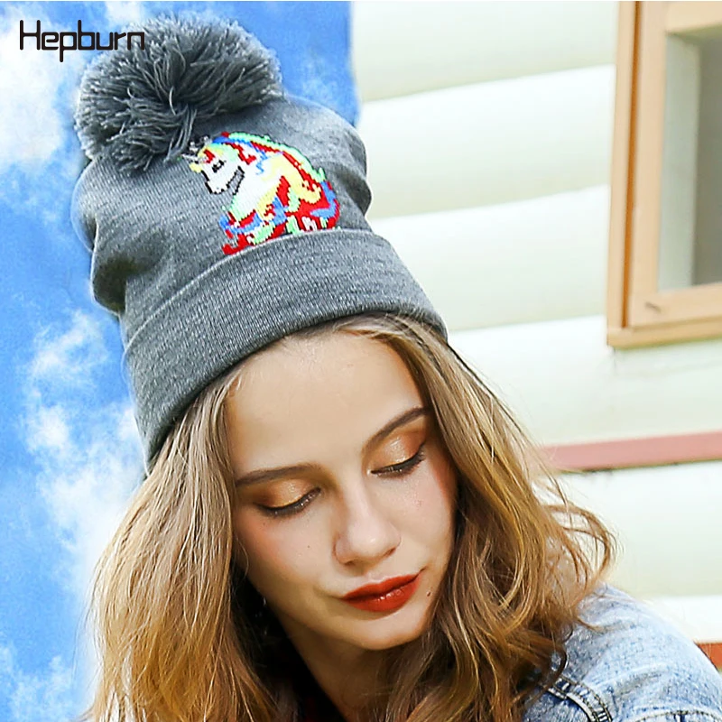 

Hepburn brand Winter hat womens Wool cap Cartoon print Street Fashion Female Beanie hat Windproof Student girl Warm hat