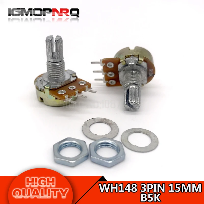 10pcs WH148 B5K 3PIN Potentiometer 15mm Shaft With Nuts And Washers Hot