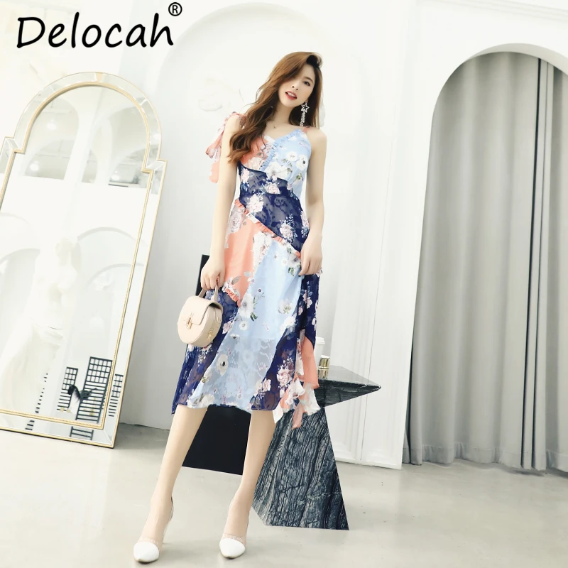 

Delocah New Summer Women Dress Runway Fashion Designer Slim V-Neck Spaghetti Strap Ruffles Bow Tie Off shoulder Vintage Dresses