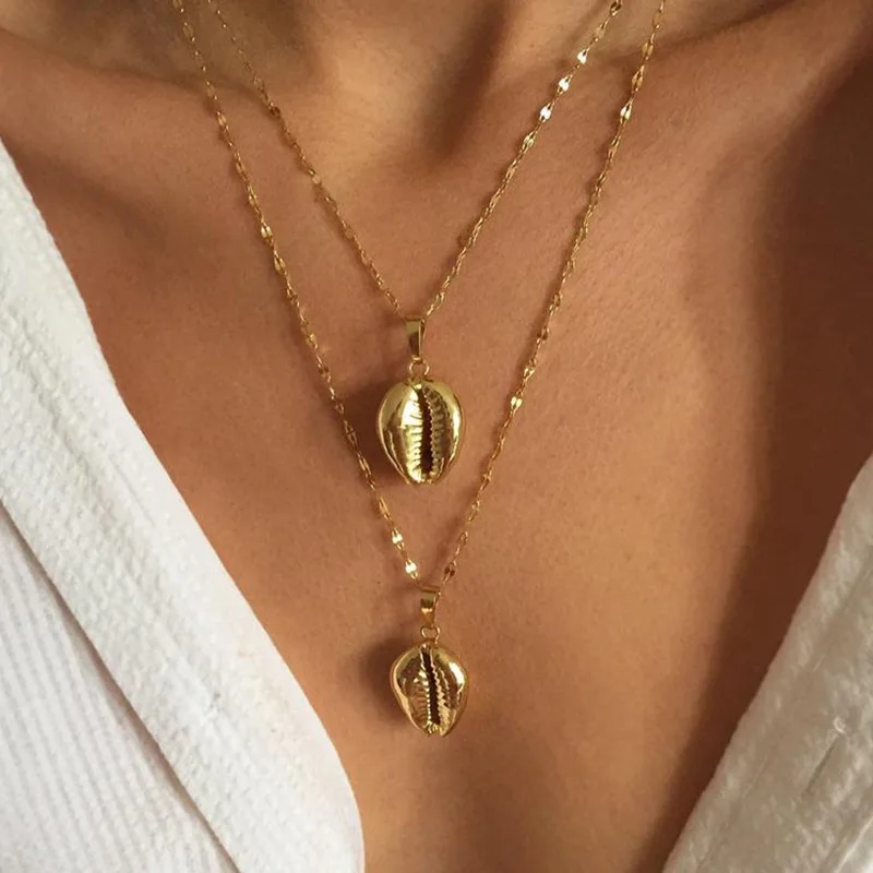 

Fashion Gold Color Cowrie Shell Pendant Necklace for Women Double Layer Chain Choker Necklace Bead Statement Collars Collier