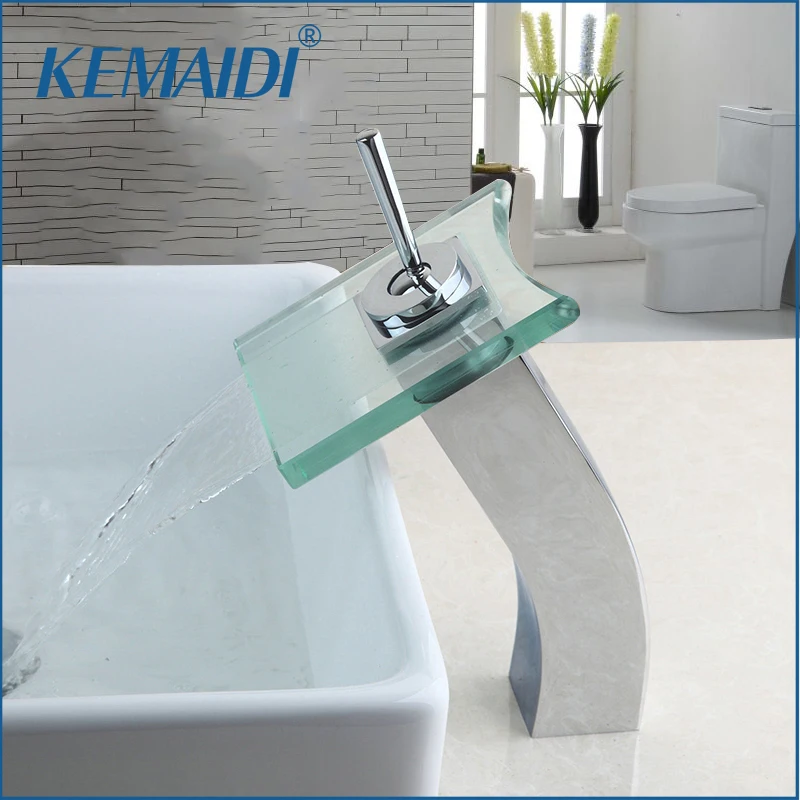 Comprar KEMAIDI RU lavabo de baño grifo de cristal tipo cascada grifos montados en cubierta grifo de una sola manija grifo de latón mezclador de agua gran caño de agua