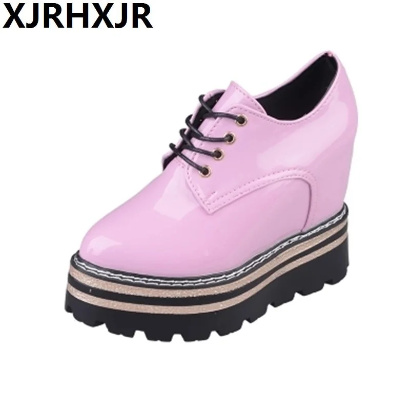 

Women Platform Shoes Patent Leather Lace Up Pointed Toe Brand Female Footwear Shoes for Women Creepers Ladies 12cm High Heels