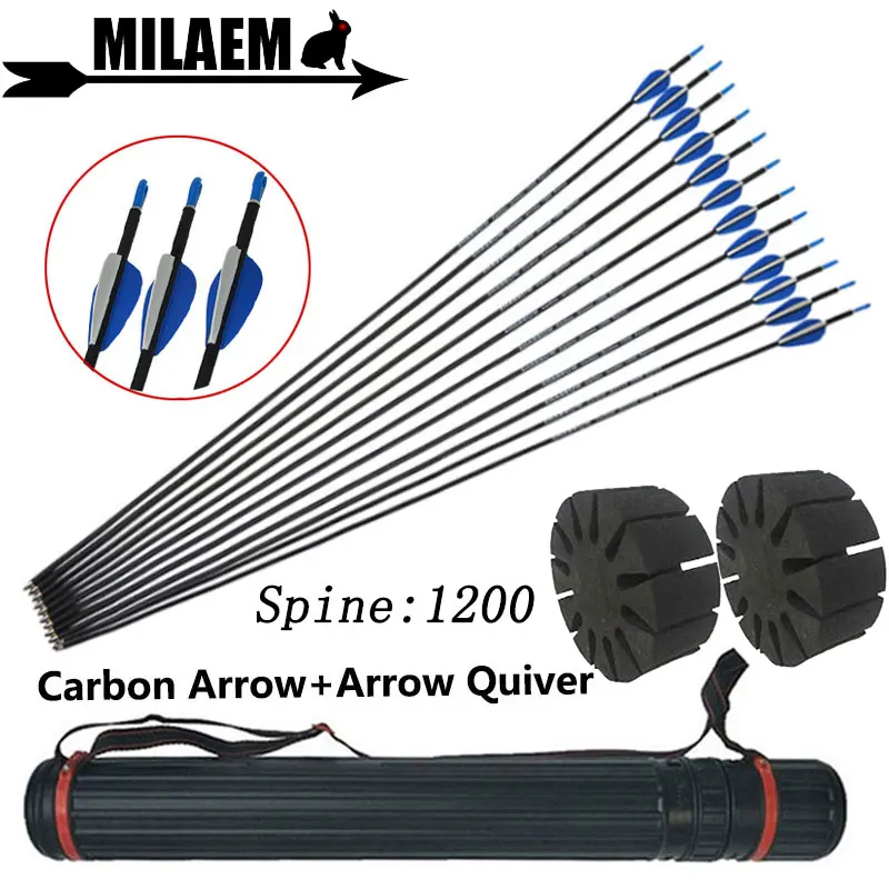 

12pcs 32inch Archery Carbon Arrow With Arrow Quiver Spine 1200 Rubber Feather ID4.2mm Compound/Recurve Bow Shooting Accessories