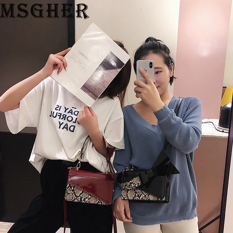 MSGHER сумки женские модные сумки на плечо с бантом женские маленькие сумки лакированная кожа Змеиный узор Сумки широкие полосы сумки через плечо